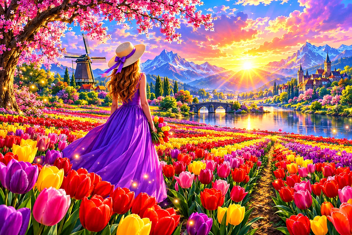 Dreamy fantasy illustration of glowing tulip rows in a wide scenic landscape with magical sparkles, in a diamond painting kit.