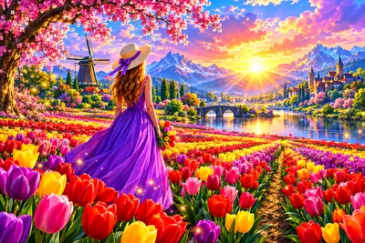 Dreamy fantasy illustration of glowing tulip rows in a wide scenic landscape with magical sparkles, in a diamond painting kit.