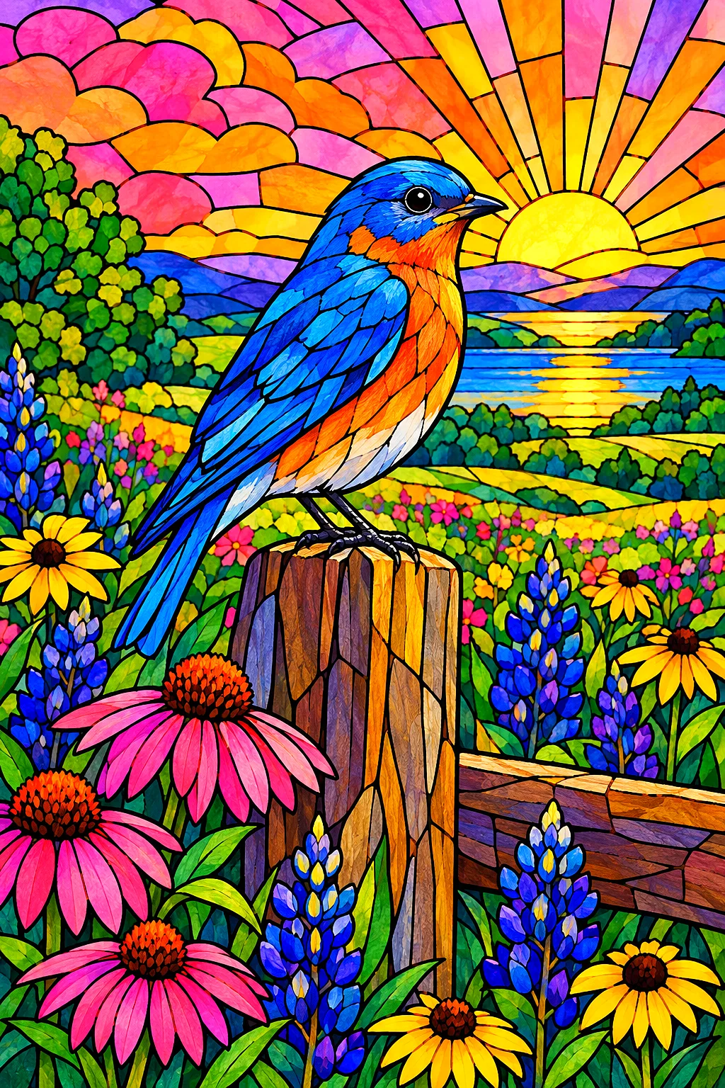 A portrait-oriented diamond painting kit design showing a bluebird with jewel-toned feathers sitting on a dark fence post, surrounded by pink, orange,
