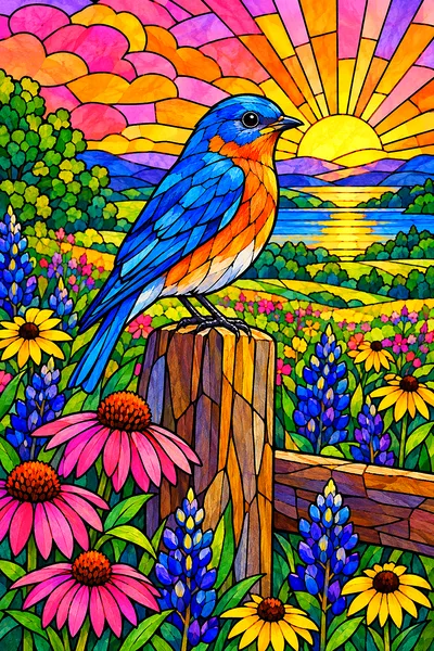 A portrait-oriented diamond painting kit design showing a bluebird with jewel-toned feathers sitting on a dark fence post, surrounded by pink, orange,