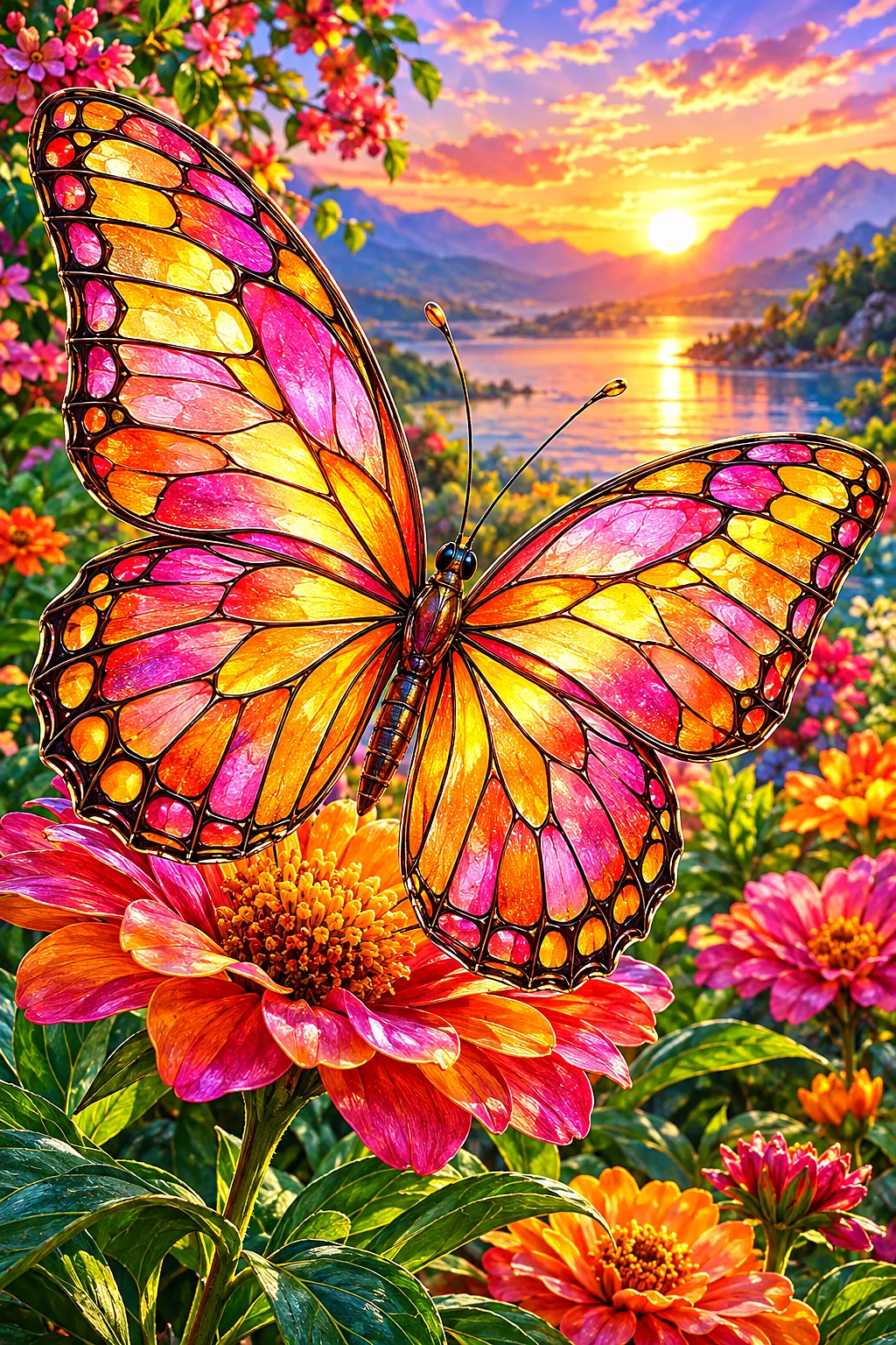 A hyper-detailed, photorealistic diamond painting of vibrant butterfly wings made of stained glass, with a sunrise palette of pink, orange, and gold,