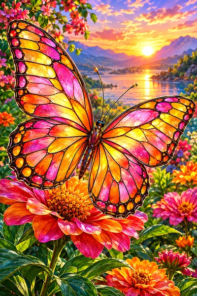 A hyper-detailed, photorealistic diamond painting of vibrant butterfly wings made of stained glass, with a sunrise palette of pink, orange, and gold,