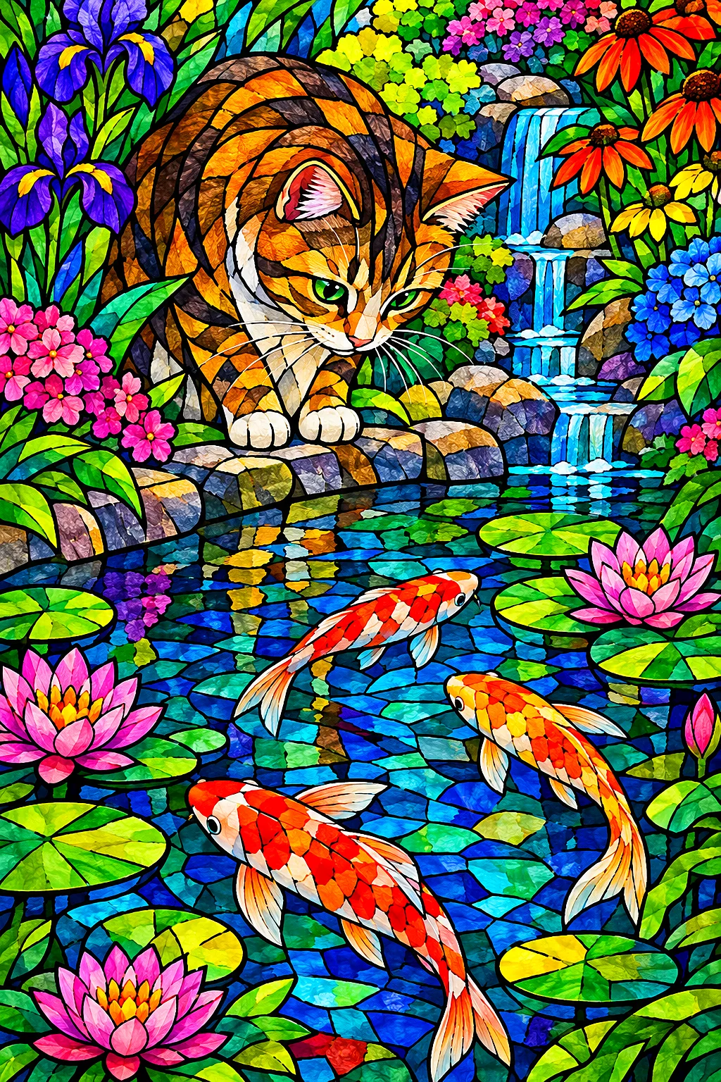 Portrait diamond painting of a cat with bold dark outlines watching colorful fish in a garden pond, surrounded by vivid jewel-toned stained glass mosa