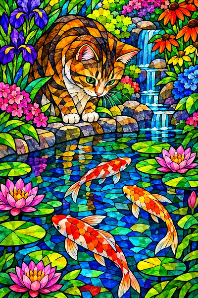 Portrait diamond painting of a cat with bold dark outlines watching colorful fish in a garden pond, surrounded by vivid jewel-toned stained glass mosa