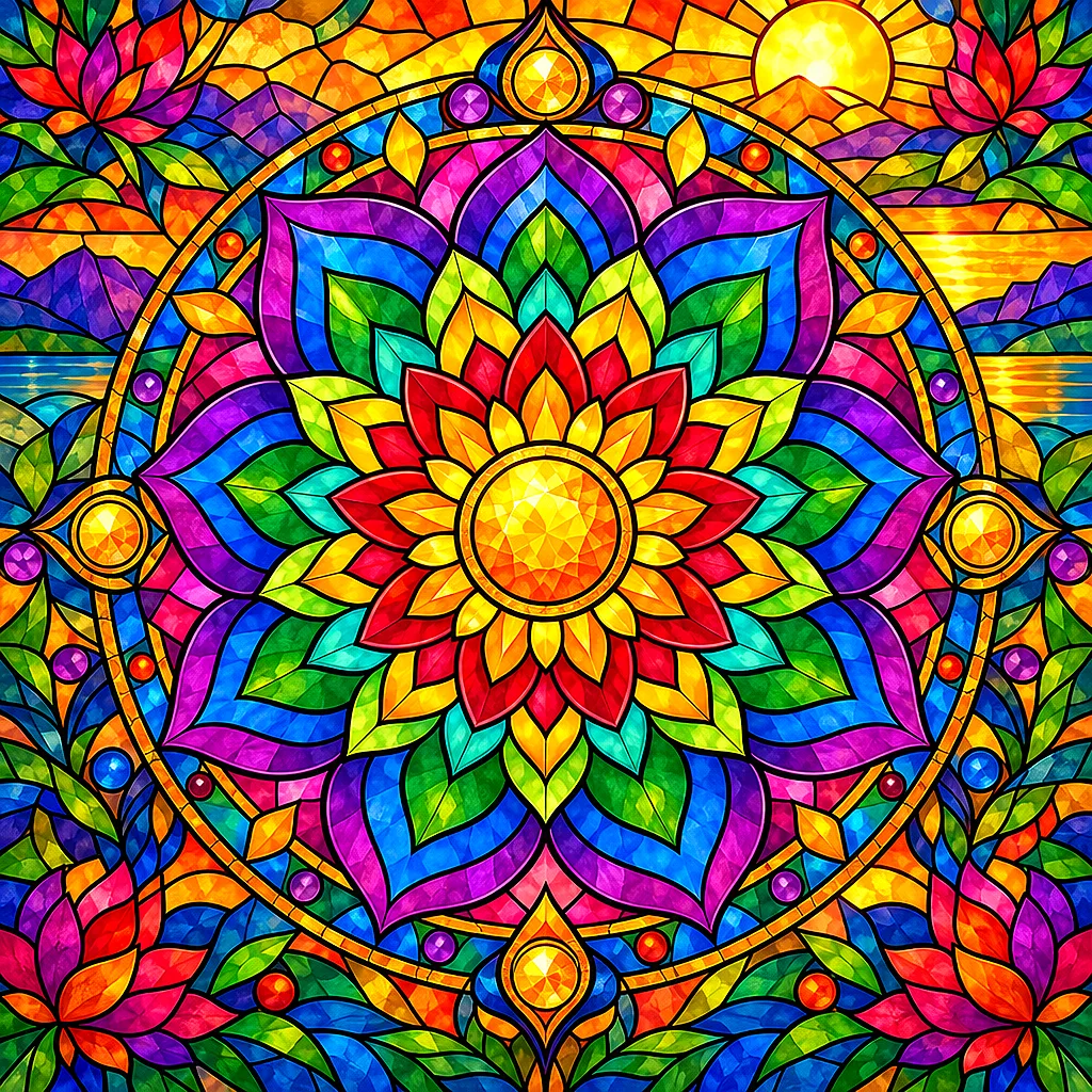 Close-up of a square diamond painting kit canvas featuring an intricate rainbow mandala design, rendered in jewel tones like stained glass, with bold