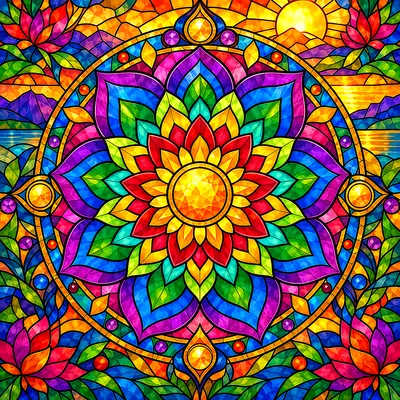 Close-up of a square diamond painting kit canvas featuring an intricate rainbow mandala design, rendered in jewel tones like stained glass, with bold