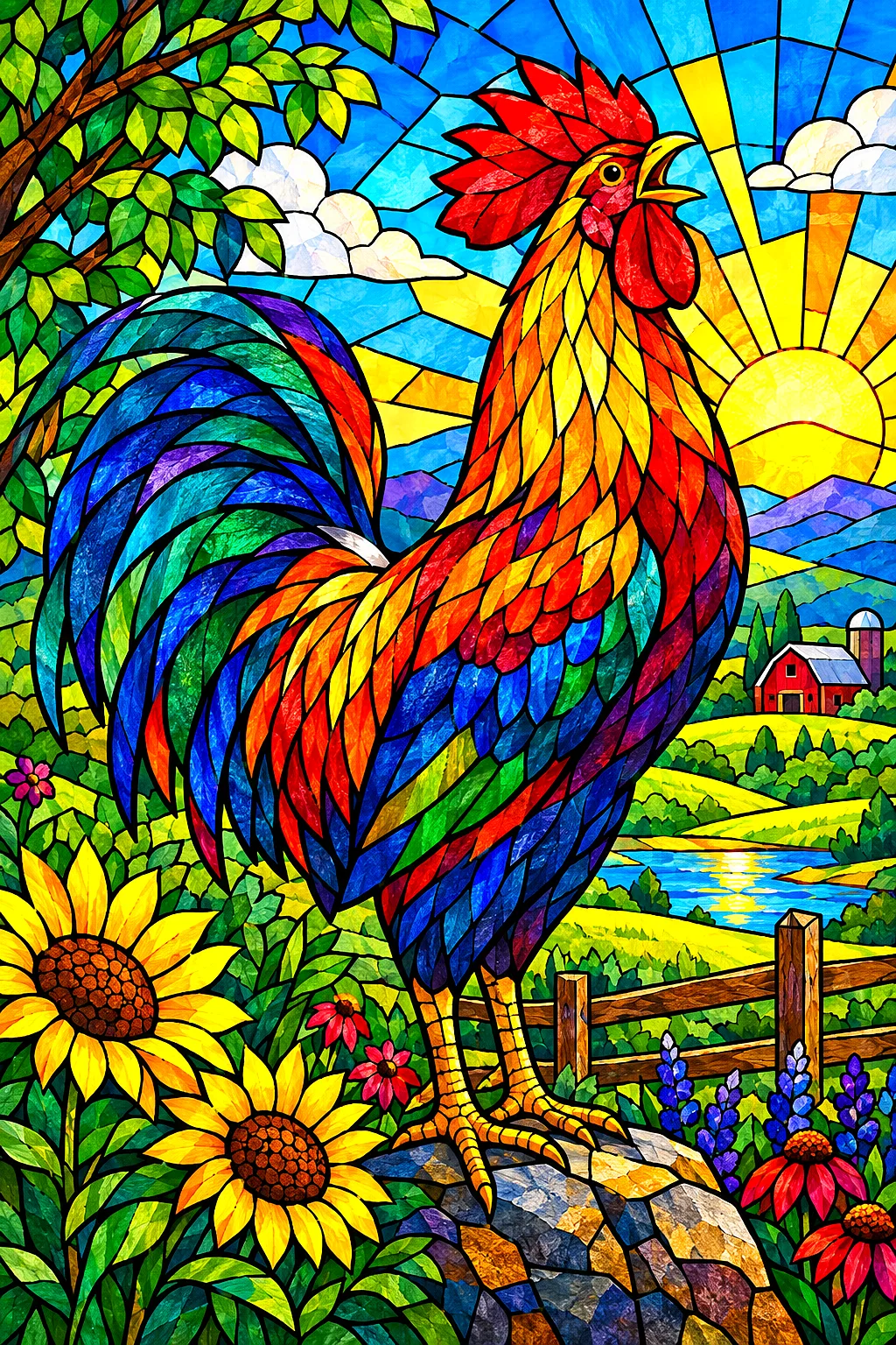 Portrait diamond painting featuring a colorful rooster crowing, depicted in a jewel-toned stained glass mosaic style with bold dark outlines, set agai