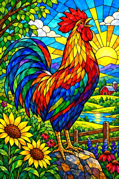 Portrait diamond painting featuring a colorful rooster crowing, depicted in a jewel-toned stained glass mosaic style with bold dark outlines, set agai