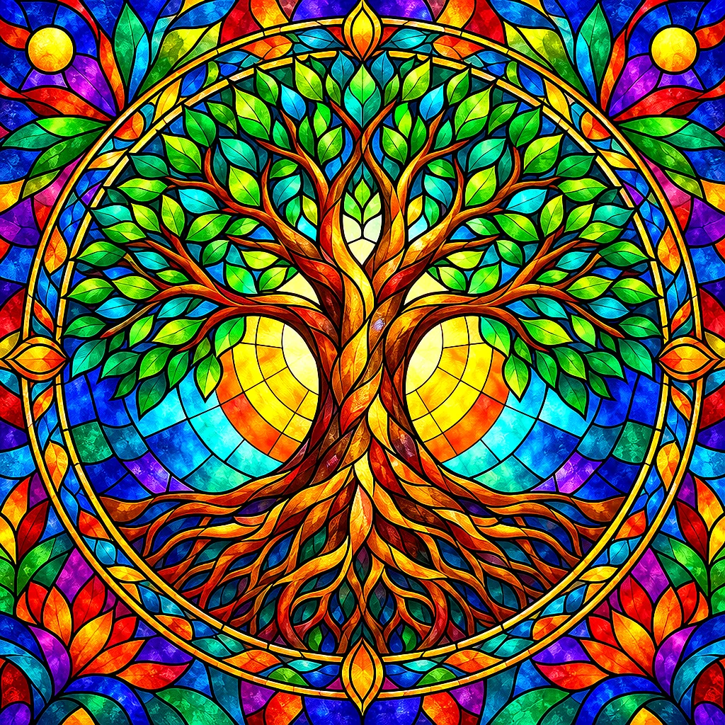 A square diamond painting kit of a tree of life mandala, rendered in a stained glass mosaic style with jewel tones and bold dark outlines, featuring d