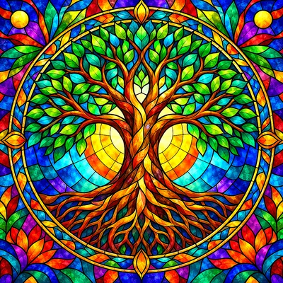 A square diamond painting kit of a tree of life mandala, rendered in a stained glass mosaic style with jewel tones and bold dark outlines, featuring d