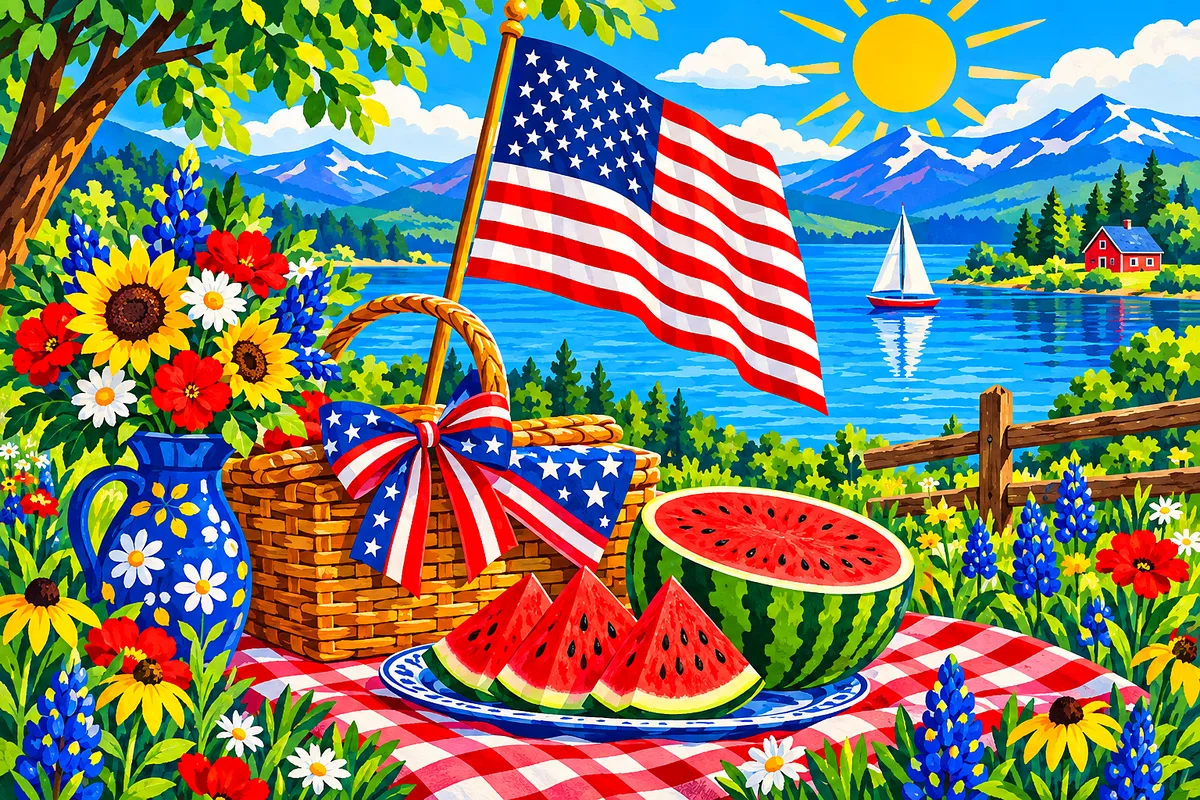 A bright folk art diamond painting kit of a patriotic picnic scene with a large American flag and slices of watermelon on a blanket in a scenic landsc