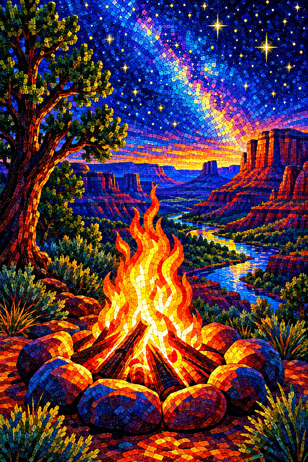 Completed diamond painting kit of a campfire burning brightly under a dark, star-filled western night sky, rendered in a glossy, mosaic tile style wit