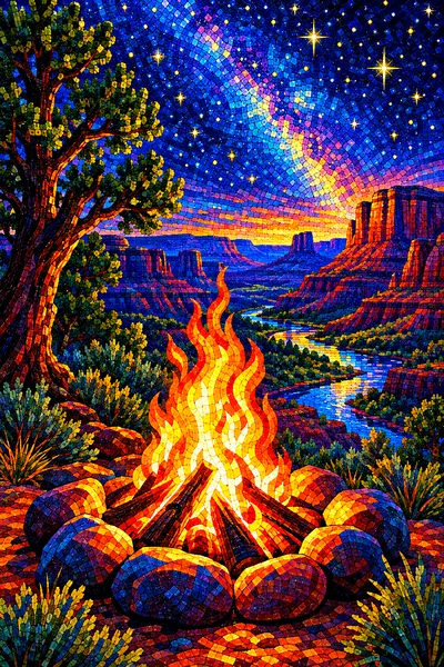 Completed diamond painting kit of a campfire burning brightly under a dark, star-filled western night sky, rendered in a glossy, mosaic tile style wit