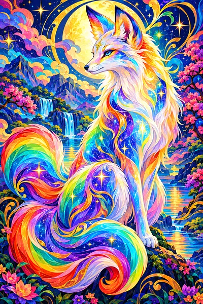 Art Nouveau style diamond painting featuring a majestic spirit fox made of starlight, with flowing lines and a vibrant rainbow color palette, on a por