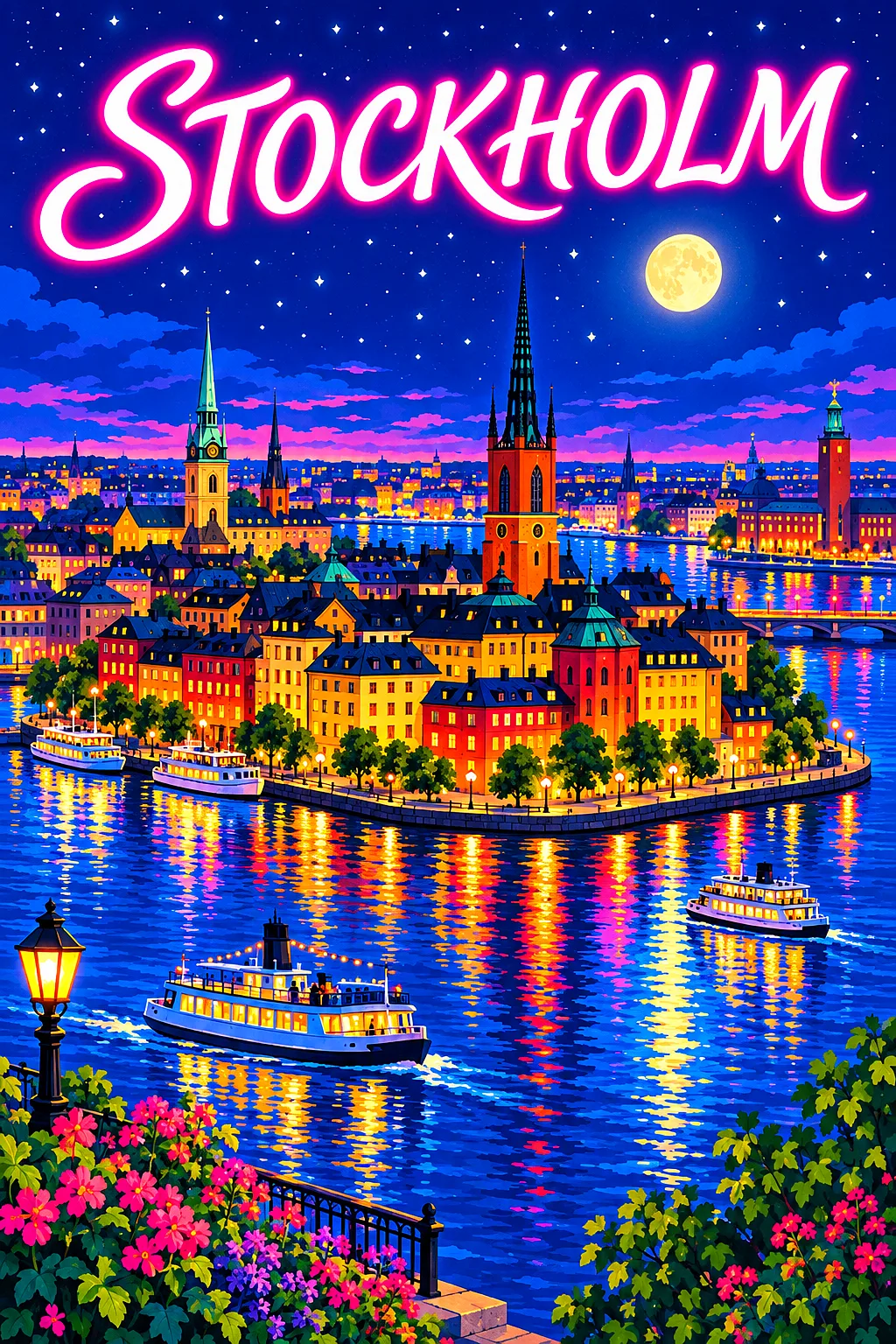 Retro vintage illustration of Stockholm by night with ochre buildings, church spires, ferries, blue water, glowing windows, and starry indigo sky.