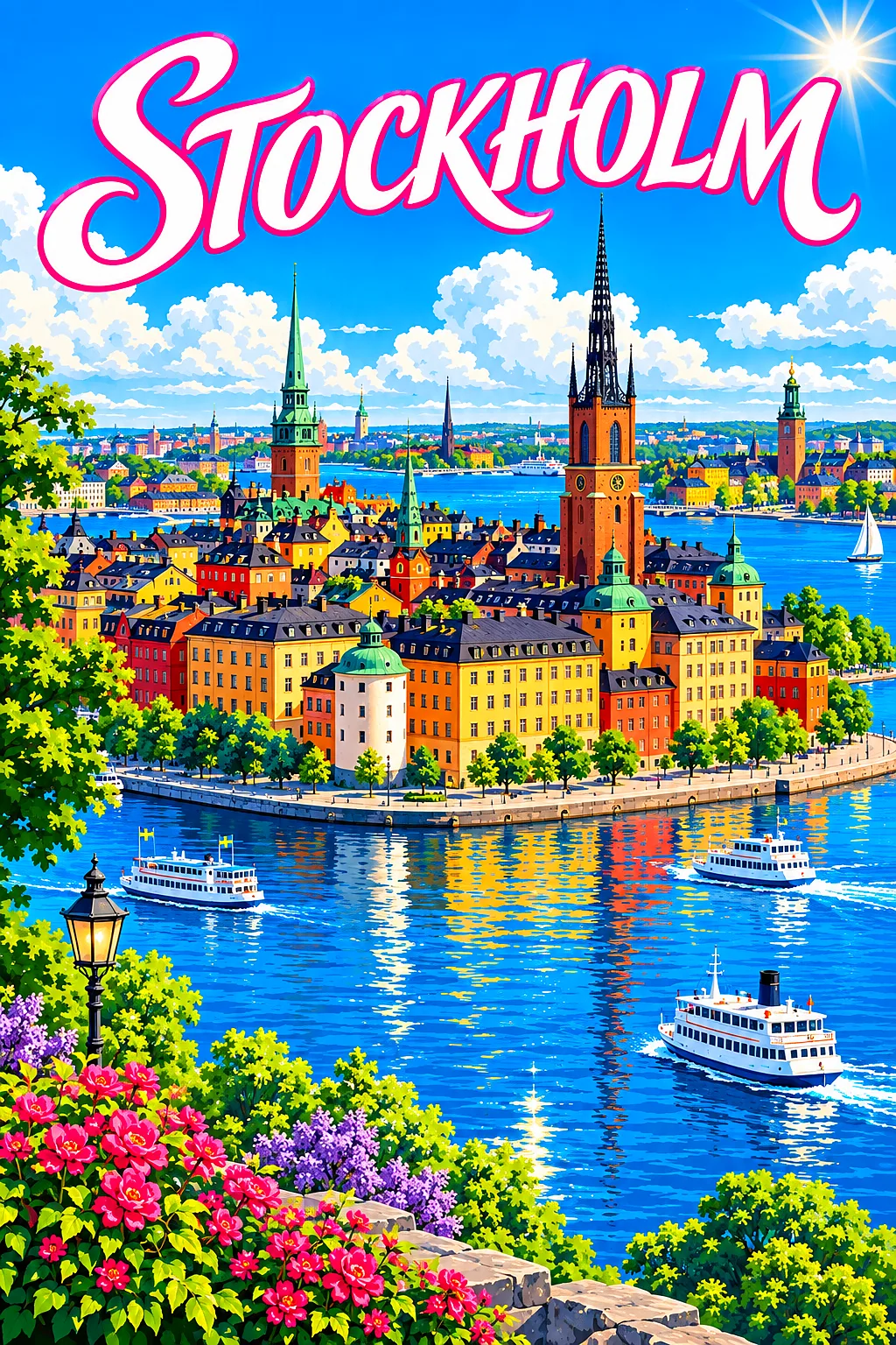 A retro vintage travel poster style diamond painting kit depicting Stockholm by Day, with ochre and red buildings, church spires, ferries, blue water,