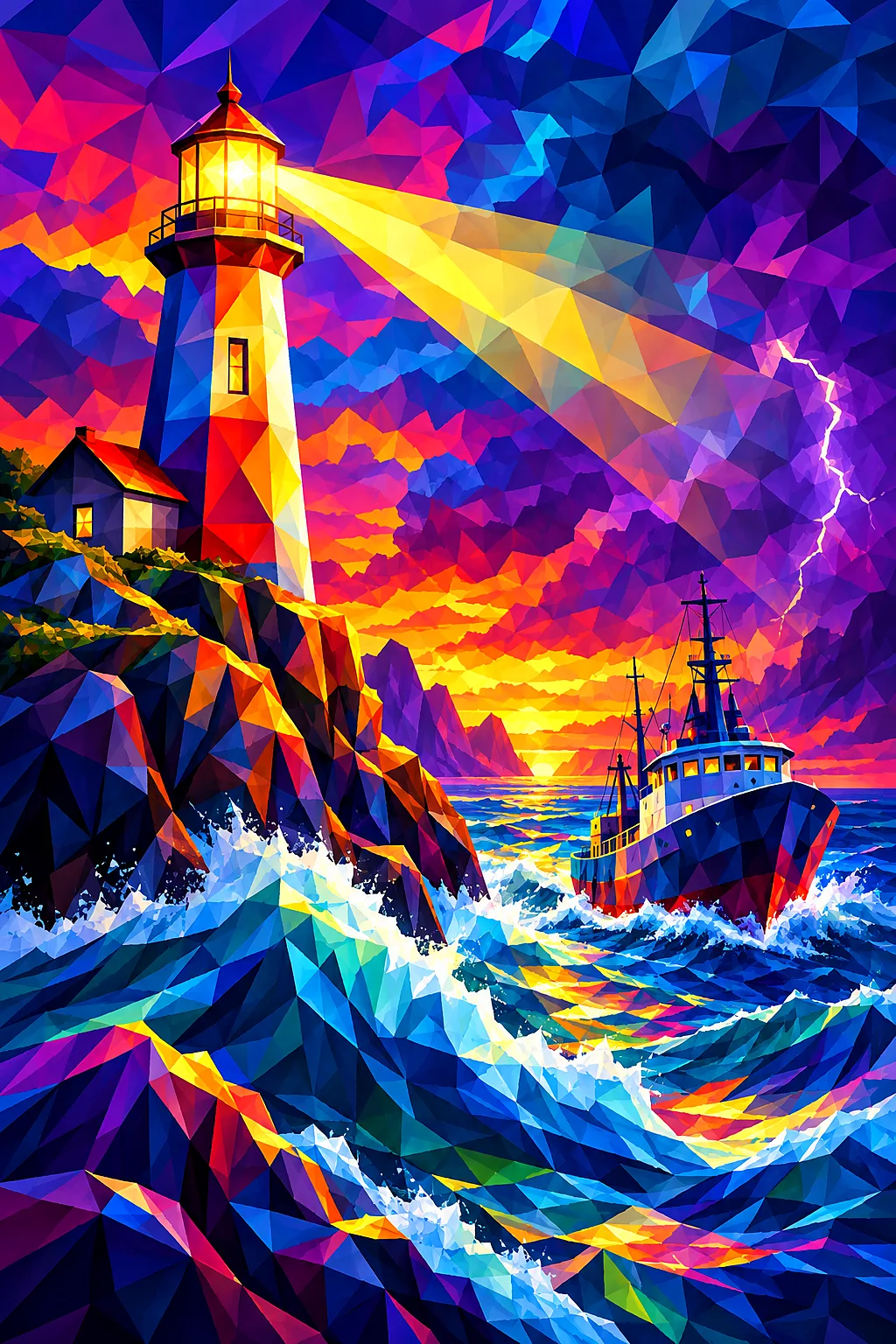 Faceted low-poly geometric diamond painting of a lighthouse guiding a ship through a stormy sea at twilight with a jewel-toned sky.