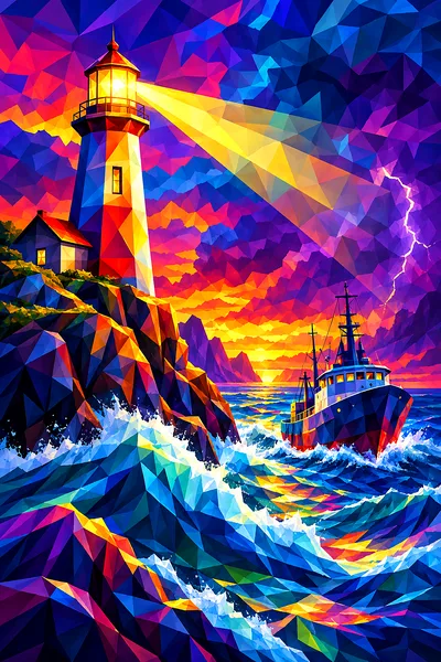 Faceted low-poly geometric diamond painting of a lighthouse guiding a ship through a stormy sea at twilight with a jewel-toned sky.