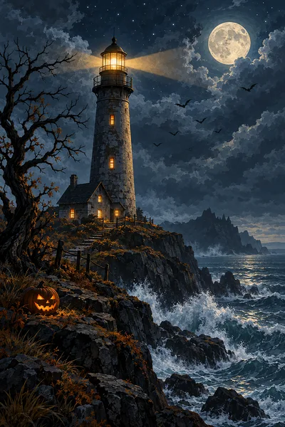 Portrait diamond painting depicting a spooky lighthouse on a stormy Halloween night, glowing under moonlight and stars in deep muted blues, grays, and