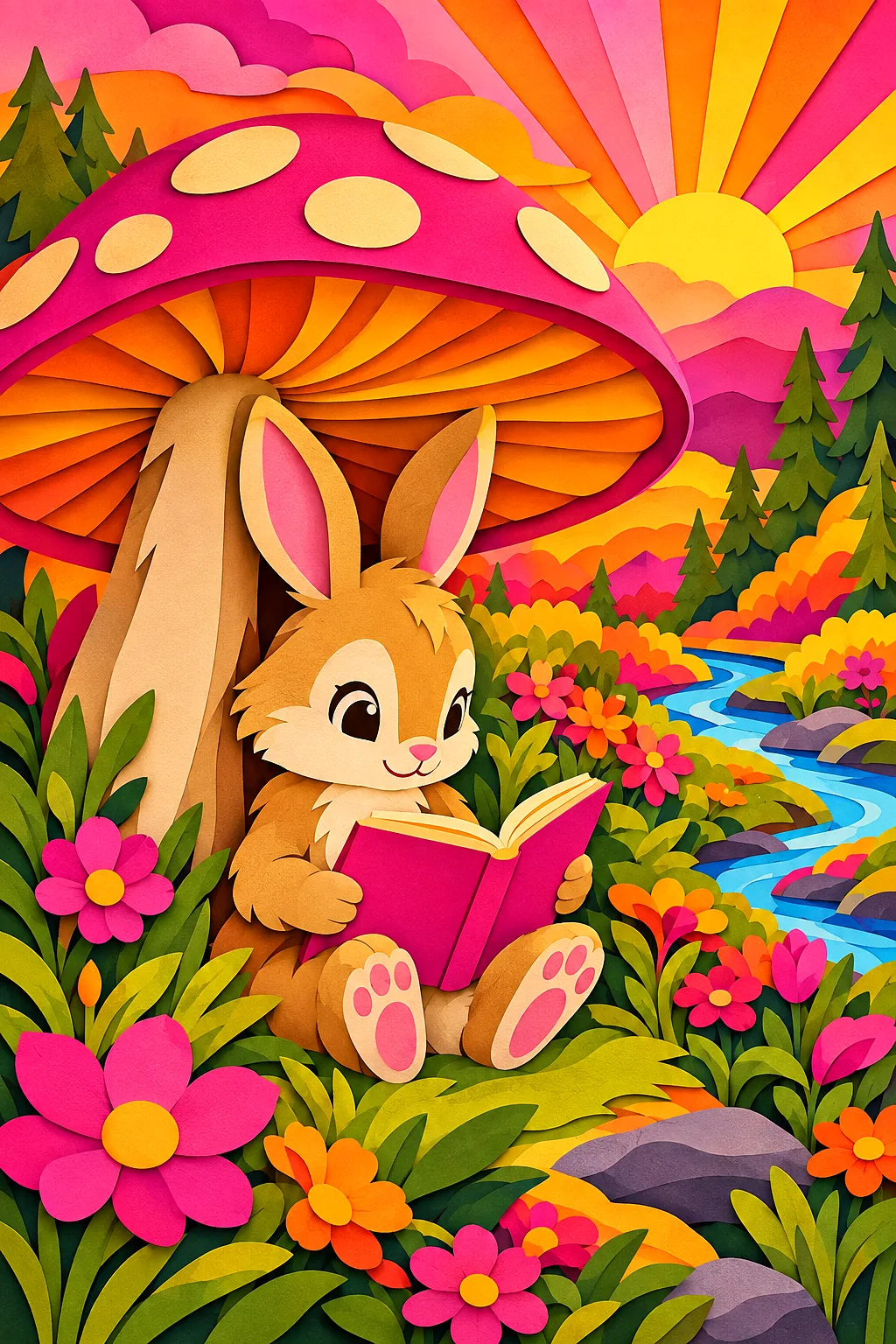 Portrait diamond painting of a cute bunny reading a book under a large red mushroom, depicted in a layered papercut art style with deep shadows and a