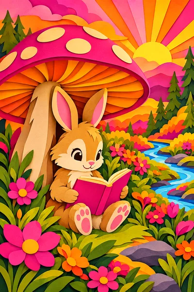 Portrait diamond painting of a cute bunny reading a book under a large red mushroom, depicted in a layered papercut art style with deep shadows and a