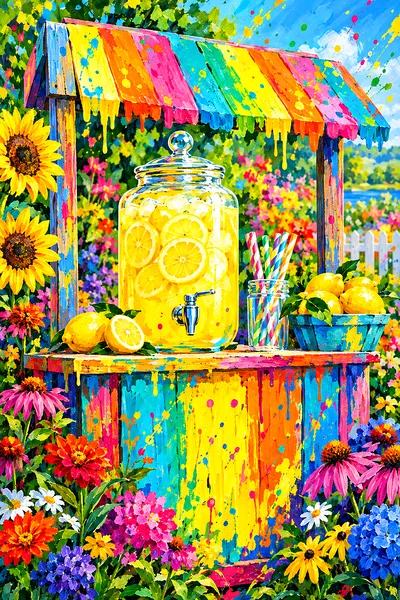 Portrait diamond painting of a colorful summer lemonade stand surrounded by bright flowers, rendered in a high-energy acrylic style with rainbow paint