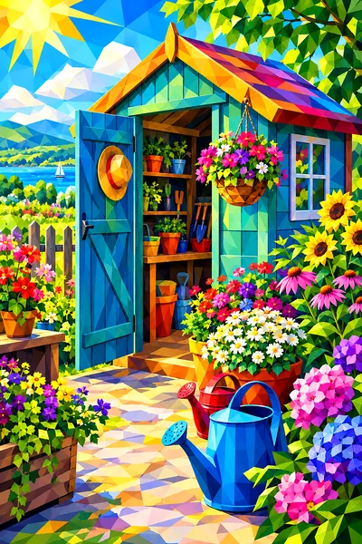 Portrait diamond painting of a geometric, low-poly potting shed with two watering cans and an abundance of colorful flowers under a bright blue summer