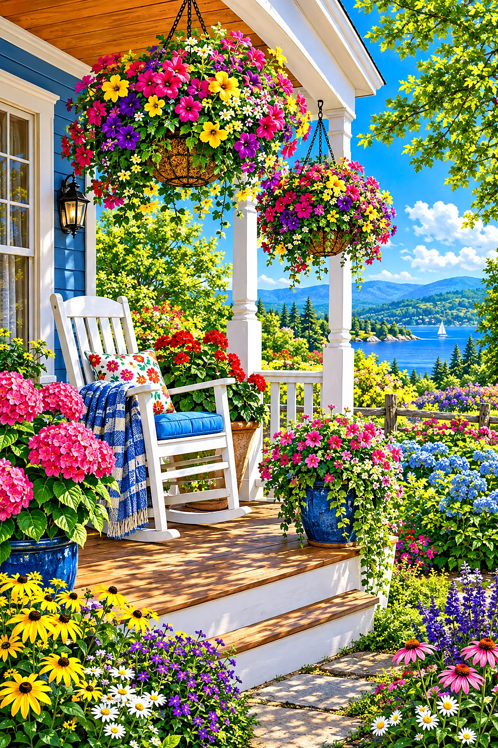 A detailed diamond painting showing a cozy cottage porch on a sunny day, with numerous lush hanging flower baskets overflowing with colorful blooms, a