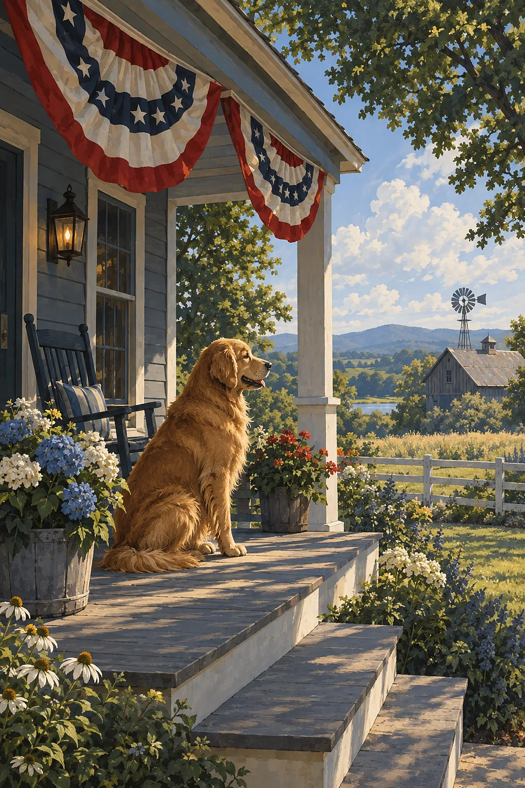 Portrait diamond painting of a farmhouse porch with American flag bunting, in moody blues, greys, and soft amber light, under a bright summer sky.