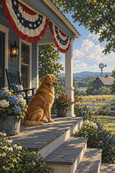 Portrait diamond painting of a farmhouse porch with American flag bunting, in moody blues, greys, and soft amber light, under a bright summer sky.