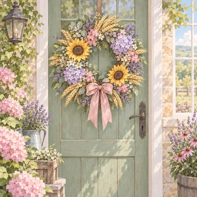 Square diamond painting kit featuring a soft pastel harvest wreath in pink, green, lavender, and cream on a rustic wooden front door bathed in bright