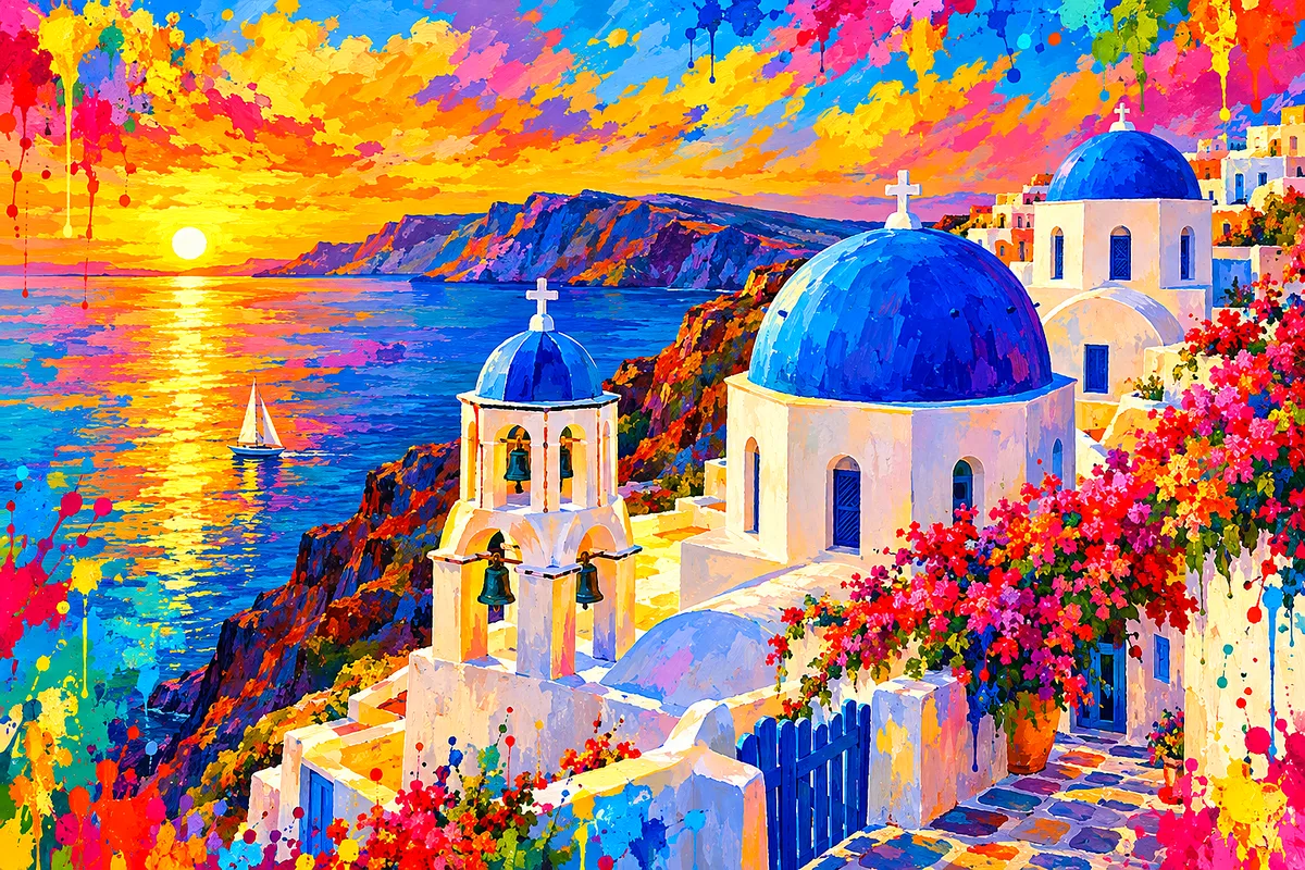 Landscape diamond painting depicting a vibrant Greek island village with iconic blue-domed buildings, bathed in warm golden hour light with high-energ