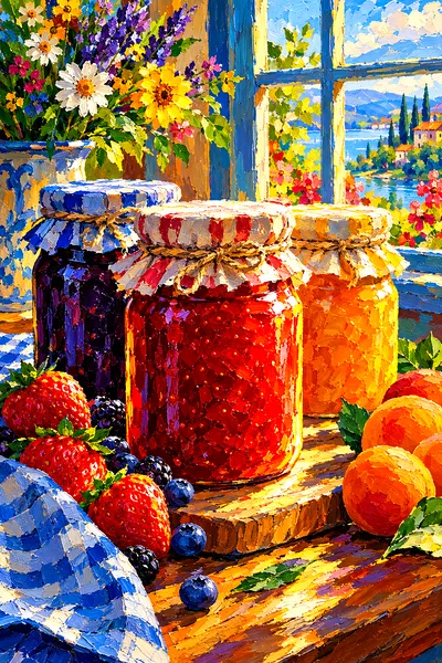 Portrait diamond painting of colorful jam jars in a sunny window, with dramatic rim lighting and deep contrast in an impasto oil painting style.