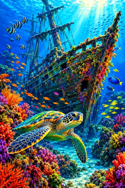 Portrait view of a polished digital painting depicting a brightly lit underwater shipwreck with a rainbow of fish swimming around it and coral on the