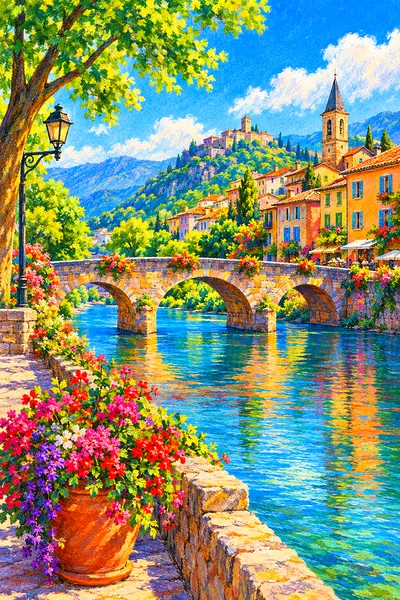A vibrant soft pastel diamond painting of a sunlit riverside town with a majestic stone bridge, surrounded by colorful buildings and lush trees on a b