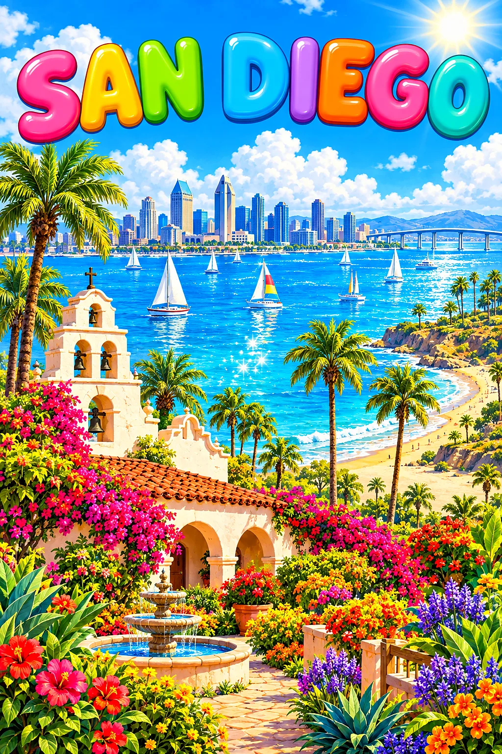 Whimsical diamond painting of a sunny San Diego bay with sailboats, a Spanish mission-style garden, palm trees, and a sandy beach under a vivid blue s