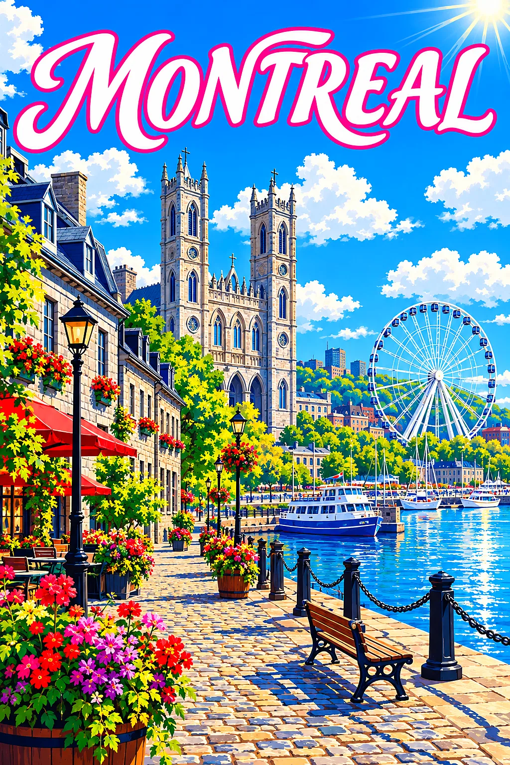 Retro vintage travel poster illustration of Montreal's Old Port on a sunny day with a basilica, big wheel, and cobblestone streets, in a diamond paint