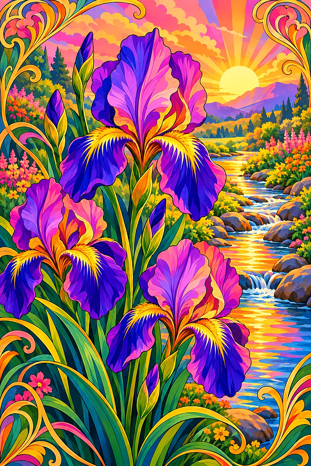 Portrait diamond painting featuring art nouveau irises in pink, orange, and gold by a stream.