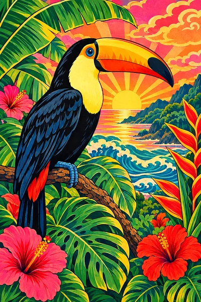 Portrait diamond painting featuring banana leaves and monstera jungle in pink, orange, and gold, Japanese woodblock style.
