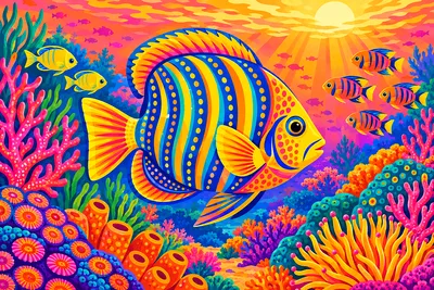 A landscape diamond painting kit featuring bright folk art illustration of tropical fish swimming on a colorful reef in a sunrise palette of pink, ora
