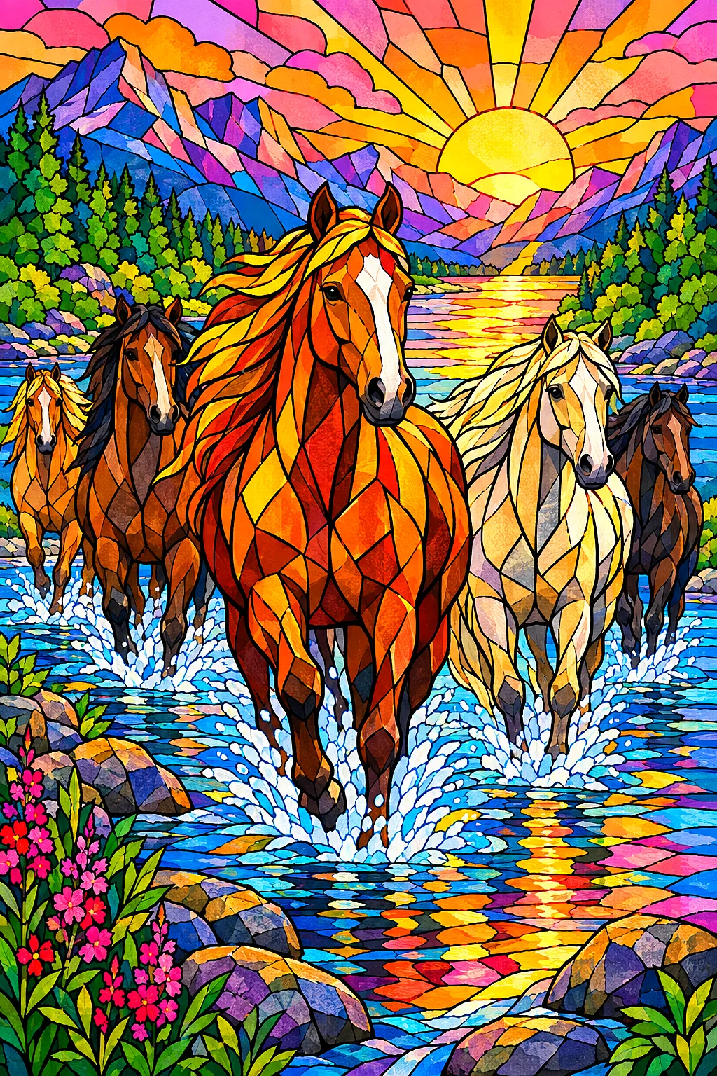 Portrait diamond painting kit depicting a herd of horses crossing a river at sunrise, rendered in a jewel-toned stained glass mosaic style with bold d