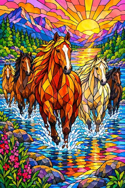 Portrait diamond painting kit depicting a herd of horses crossing a river at sunrise, rendered in a jewel-toned stained glass mosaic style with bold d