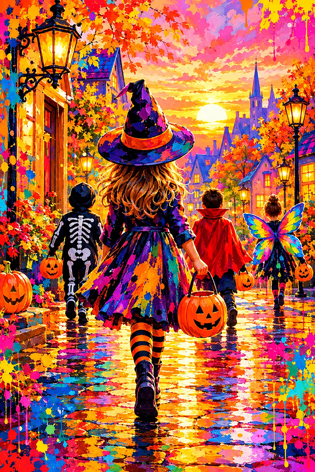 Portrait diamond painting of trick-or-treaters on a lantern-lit street with rainbow paint splashes in pink, orange, and gold colors.