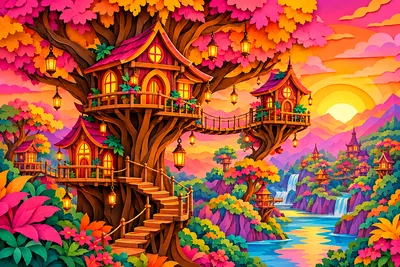 A diamond painting depicting a whimsical treehouse village at sunrise, with glowing lanterns and a layered papercut art style in pink, orange, and gol