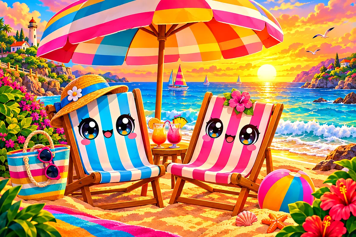Kawaii style illustration of two rounded, candy-colored beach chairs under a striped umbrella, at golden hour with warm glowing light. The scene is sp