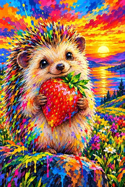 Portrait diamond painting of a cute hedgehog holding a red strawberry under a colorful sunset sky with rainbow paint splashes.