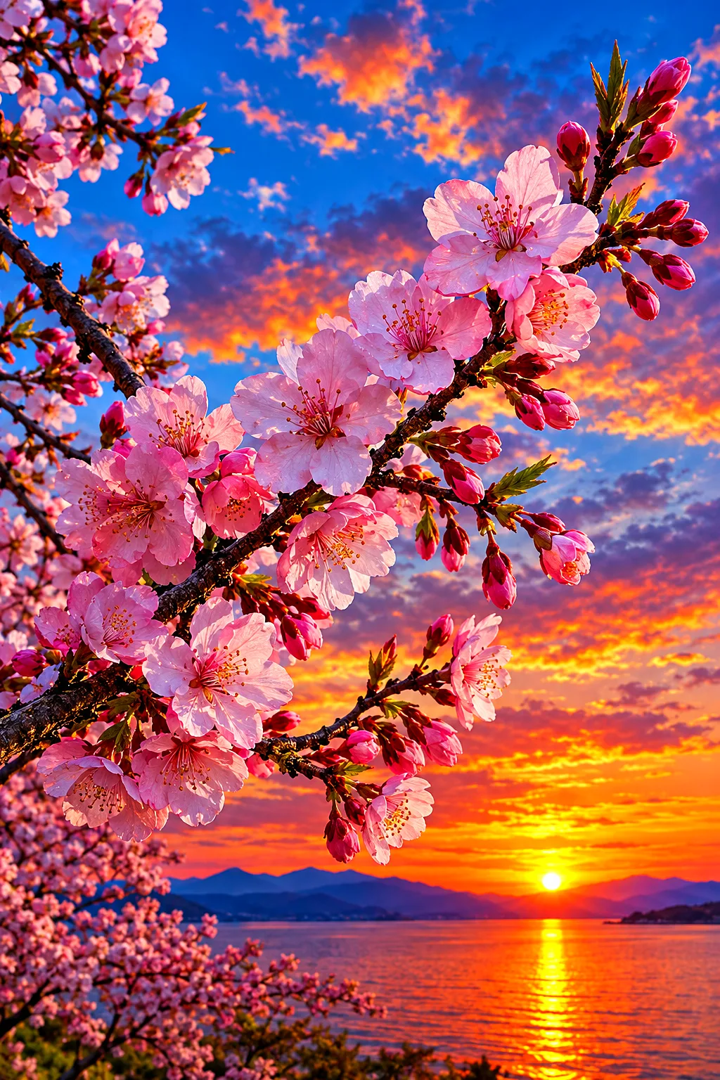 Hyper-detailed photorealistic painting of a cherry blossom branch with pink flowers against a vivid blue and orange sunset sky, in portrait orientatio