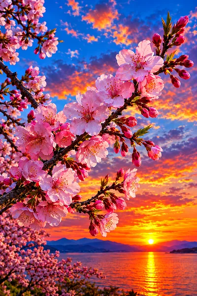 Hyper-detailed photorealistic painting of a cherry blossom branch with pink flowers against a vivid blue and orange sunset sky, in portrait orientatio