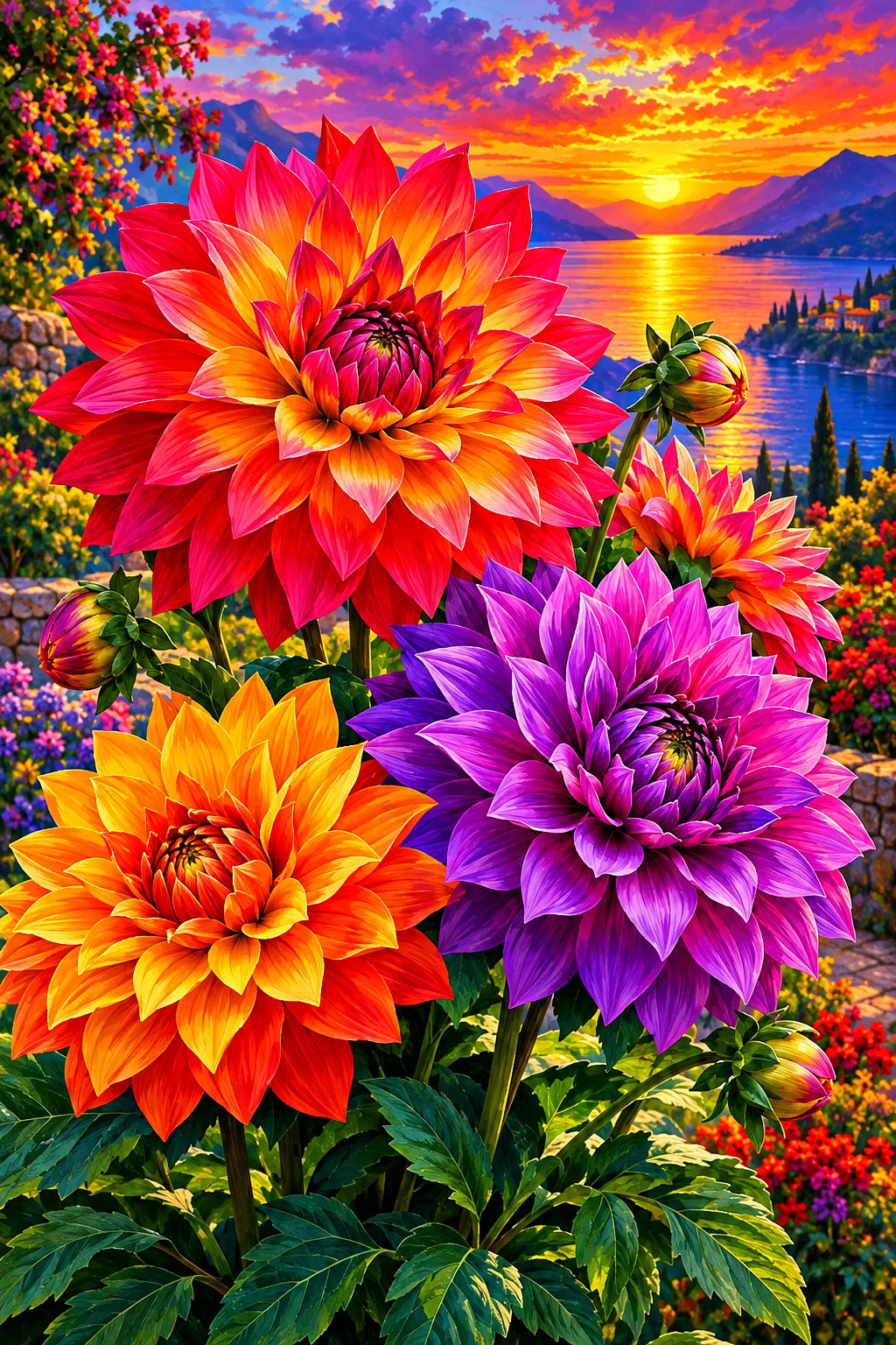 Portrait view of a diamond painting kit design showing dahlias in full bloom under a vibrant sunset sky, with luminous, saturated colors and cinematic