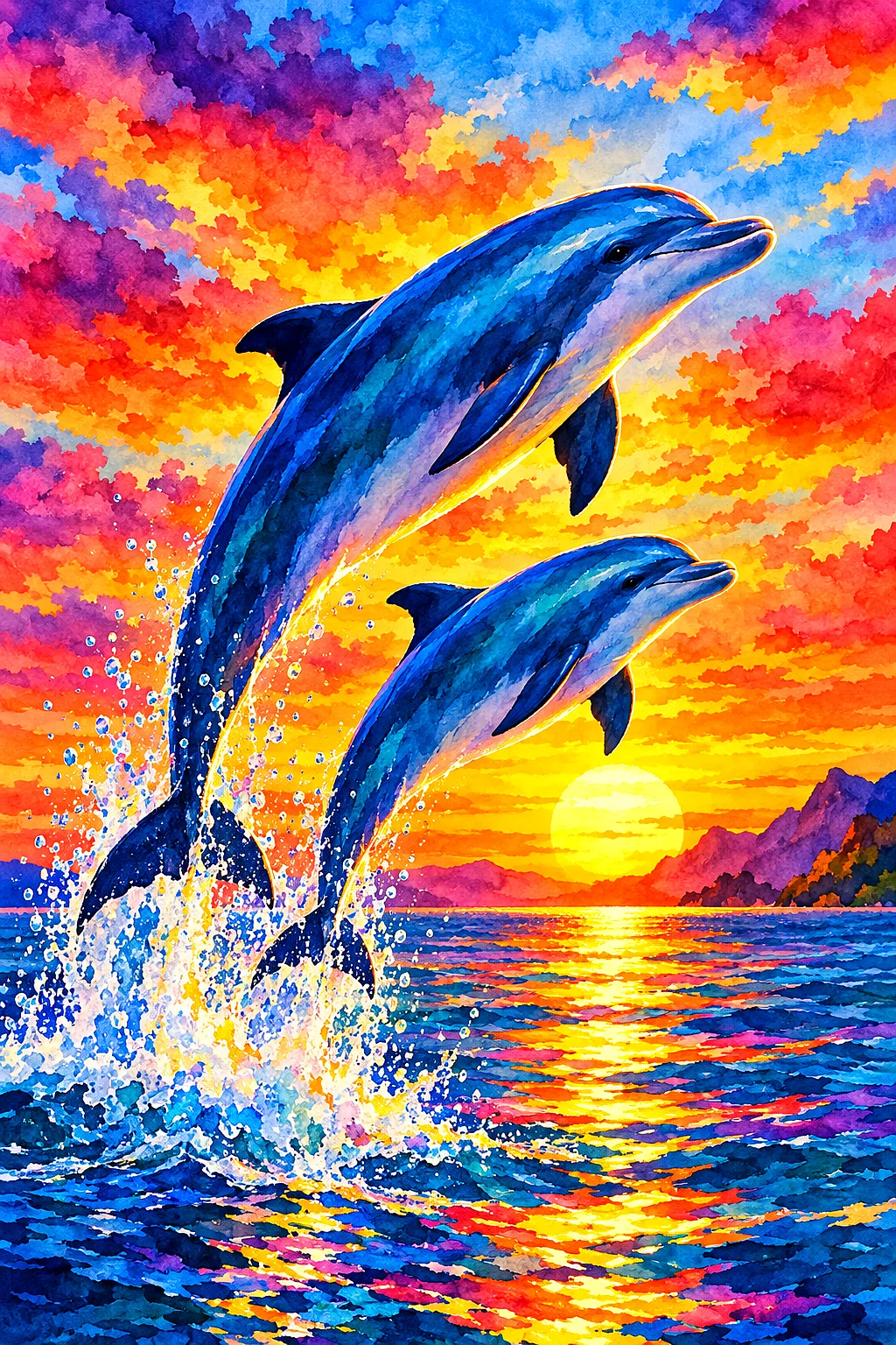 Portrait canvas of dolphins leaping from ocean waves under a vibrant orange, pink, and purple watercolor sunset sky.